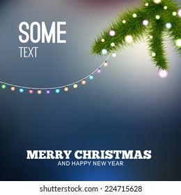 Christmas background with lights. Christmas tree branch