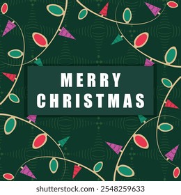 Christmas Background with Christmas Lights and Tree.Merry Christmas Lettering. Trendy Festive Background with Christmas Light Decoration