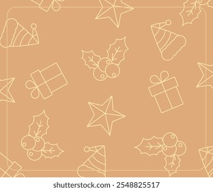 Christmas background with line pattern of gift icons, stars, berries, santa hat. template for banner, greeting card, web, social media, gift wrapping.
