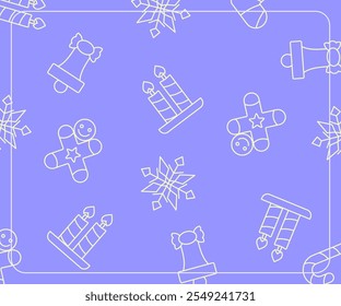 Christmas Background with Line Pattern Icons of Bells, Candles, Dolls. Template for Banner, Greeting card, Web, Social media, Gift wrapping.