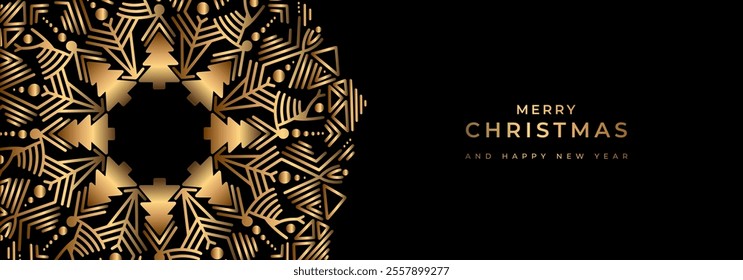 Christmas background with linear snowflake. Luxury golden banner with geometric ornament. Golden snowflake pattern on black background