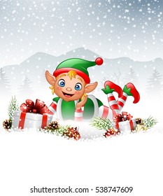 Christmas background with little elf laying on the snow