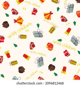 Christmas background. Little gift boxes and sweet christmas trees. Vector illustration
