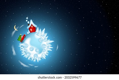 Christmas background with little red house on a winter planet in space.
