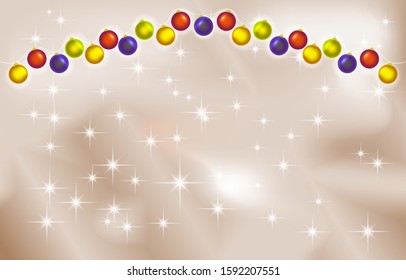 Christmas background - a luminous garland of colorful balls and snowflakes on a beige background, place for text