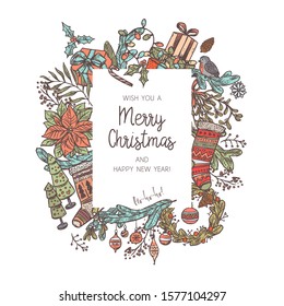 Christmas background made with different festive icons and elements. Vector doodle mistletoe, stockings, fir and spruce branches, wreath, bell, gift boxes, candle. Festive holiday frame illustration