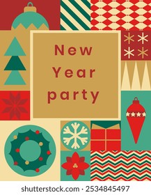 Christmas background made of geometric tiles. New Year party.Trendy modern minimalist style.Festive background for greeting card, poster, flyer, invitation.