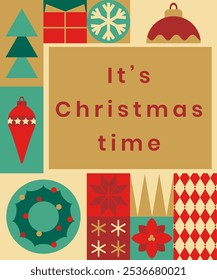 Christmas background made of geometric tiles. It's Christmas time.Trendy modern minimalist style.Festive background for greeting card, poster, flyer, invitation.