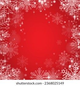 Fondo de Navidad compuesto por muchas capas de copos de nieve de diferentes formas, tamaños y transparencia. Resumen del fondo invernal con copos de nieve. Nevada, copos de nieve en un fondo rojo. EPS vectorial 10.