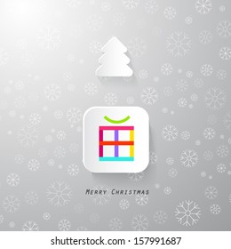 christmas background made from paper with tree, present box and snowflakes
