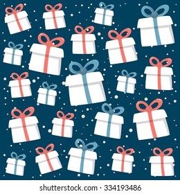 Christmas background made from christmas presents with red and blue ribbons on the snowing background.