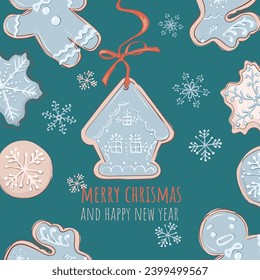 Christmas background made of snowflakes and Christmas cookies of different sizes. Merry Christmas and New Year greetings with inscription. In the foreground is a house on a red ribbon with a bow. 