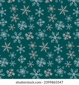 Christmas background made of snowflakes of different sizes. Seamless pattern. New Year's theme. For banner, booklet, design, background, postcard, fabric, textile, clothing.
