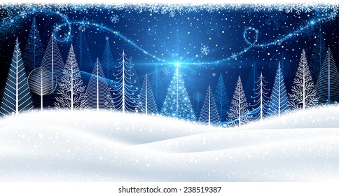 Christmas background with magic trees and snowflakes