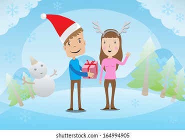 Christmas background - Man and lady to happy say hi