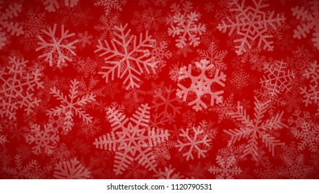 Christmas background of many layers of snowflakes of different shapes, sizes and transparency. White on red.