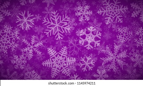 Christmas background of many layers of snowflakes of different shapes, sizes and transparency. White on purple.