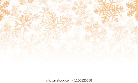 Christmas background of many layers of snowflakes of different shapes, sizes and transparency. Gradient from yellow to white