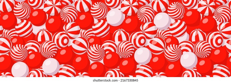 Christmas background with many round candies with white and red spiral and striped pattern. Vector cartoon seamless pattern with pile of sweet dragee, beach balls, bubble gum or gumballs