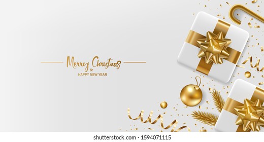 Christmas background. Merry Christmas and happy new year. White gift box with gold self adhesive bow and pine on a white background.
