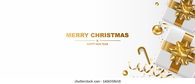 Christmas background. Merry Christmas and happy new year. White gift box with gold self adhesive bow and confetti on a white background.