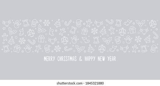 Christmas background. Merry Christmas and Happy New Year. Collection xmas icons. Winter, santa, tree, presents, snowflakes, holiday. Vector illustration.