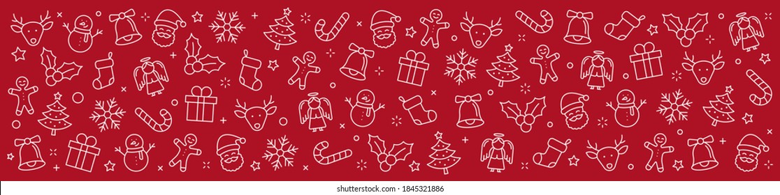 Christmas background. Merry Christmas and Happy New Year. Collection xmas icons. Winter, santa, tree, presents, snowflakes, holiday. Vector illustration.