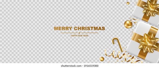 Christmas background. Merry Christmas and happy new year. White gift box with gold self adhesive bow and confetti, isolated on transparent background.