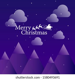 Christmas background. Merry christmas letter with Santa claus and Reindeer sleight ride on purple gradient background.