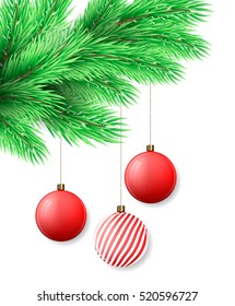 Christmas background. Merry Christmas postcard with fir tree branch and Christmas decorations, red balls. Happy New Year. Vector illustration.