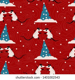 Christmas background with mice and christmas trees. Seamless vector pattern.