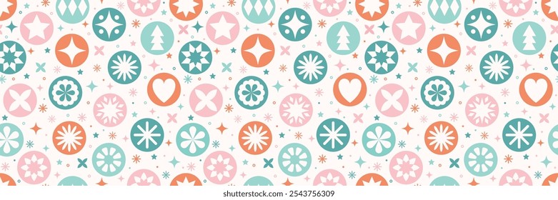 Christmas background in minimalist style. Colourful ornament with balls, stars and snowflakes. Seamless texture. Vector illustration