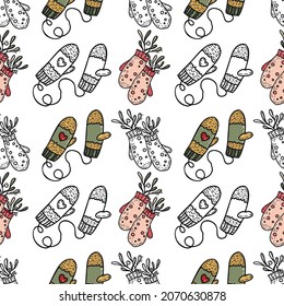 Christmas background, mittens, mistletoe. Background for design and decoration of textiles, covers, packaging, wrapping paper. vector pattern