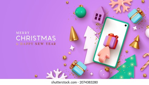 Christmas background with mobile phone template and decorative festive design elements. advertising banner, web poster. Creative shopping concept buying gifts for new year. Colorful pastel soft colors