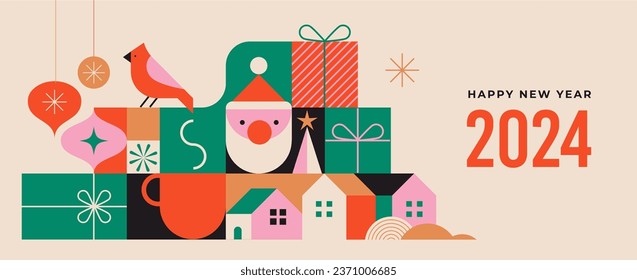 Christmas background in modern minimalist geometric style. Colorful illustration in flat vector cartoon style. Christmas decorations with geometrical patterns, stars and abstract elements