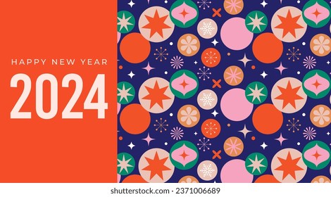 Christmas background in modern minimalist geometric style. Colorful illustration in flat vector cartoon style. Christmas decorations with geometrical patterns, stars and abstract elements