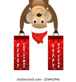 Christmas background with a monkey and a gift bag. Vector illustration.