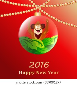 Christmas background with monkey. The monkey inside Christmas toys.Vector illustration.