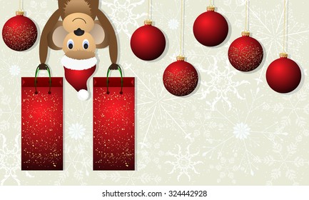 Christmas background with monkey and red Christmas balls. Vector illustration.