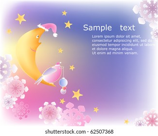 Christmas background with moon,bird and snowflakes