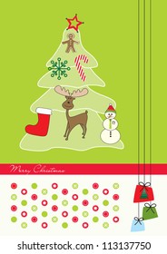 Christmas background with moose, gingerbread man and snowman in red green