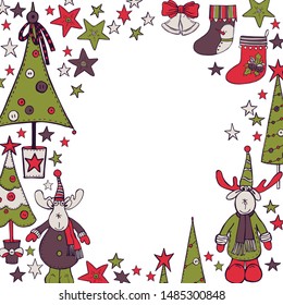 Christmas background with moose and Christmas trees. Vector sketch  illustration.
