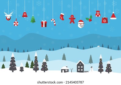 Christmas background, mountain, snow, trees, house and animal