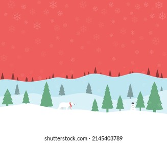 Christmas background, mountain, snow, trees, house and animal