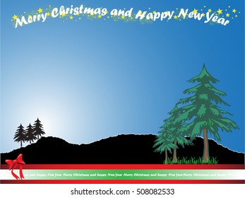 Christmas background with mountain and christmas trees on night sky. Vector illustrator design.