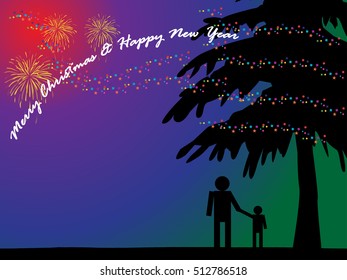Christmas background with mountain and christmas trees on night sky. Vector illustrator design .