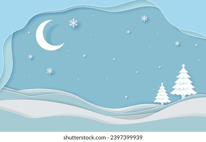 Fondo de Navidad, paisaje de invierno de montaña composición de navidad navideña en estilo de corte de papel, ilustración vectorial