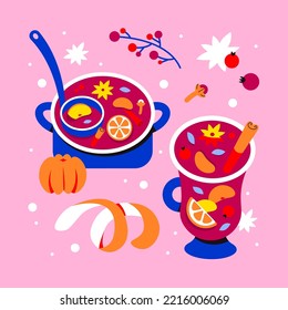 Christmas background with mulled wine, sangria, punch, grog. A saucepan and a glass with red wine and fruits, spices