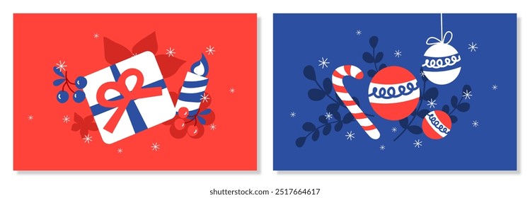 Christmas background with multiple decorations and winter elements. Colorful vector illustration in flat geometric cartoon style for greeting card, banner and poster.