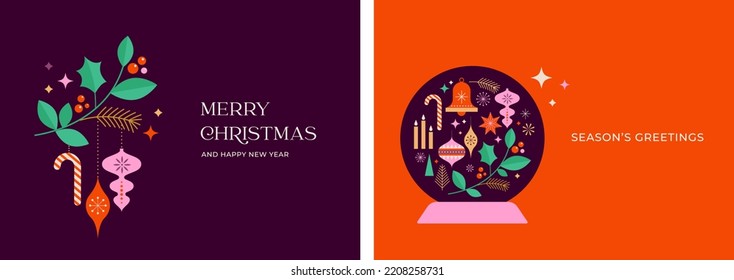 Christmas background with multiple Xmas decorations and winter elements. Colorful vector illustration in flat geometric cartoon style